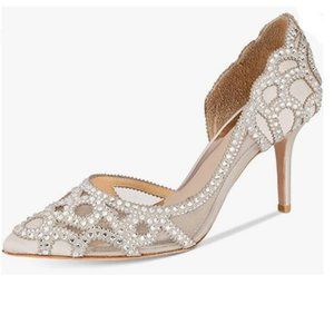 A XYD Grey Pointy Toe Slip On D'Orsay Mesh Rhinestone High Heel Pumps